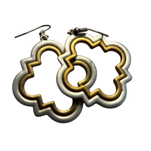 Pierced earrings brushed nickel & goldtone drop dangle fashion statement jewelry - Picture 8 of 8